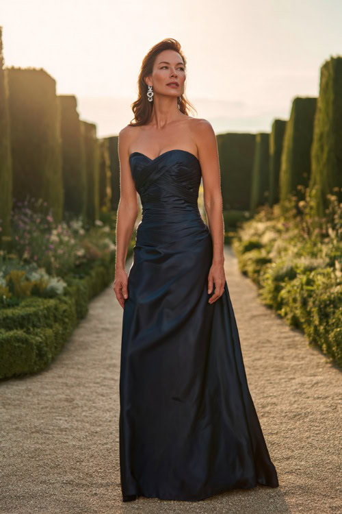 A woman over 50 wearing a floor-length navy blue satin gown with a structured bodice and statement silver earrings