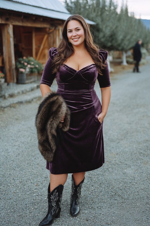 A plus-size woman in a plum velvet midi dress with three-quarter sleeves and a sweetheart neckline, styled with black embroidered cowboy boots and a faux fur stole