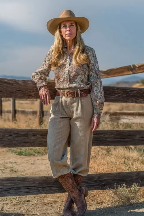 A woman over 40 in tailored trousers, tucked-in paisley blouse, and pointed cowboy boots, accessorized with a leather belt and wide-brim hat near a rustic fence