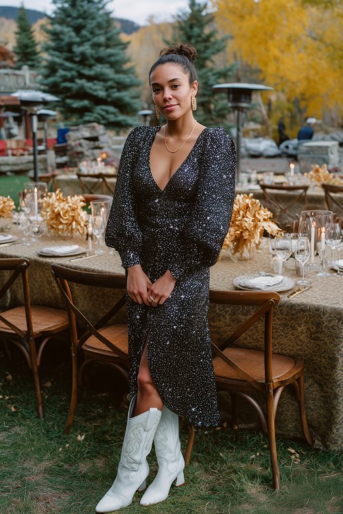A woman wears a black and silver star-sequined dress with bishop sleeves and a flowy silhouette, paired with white western cowboy boots