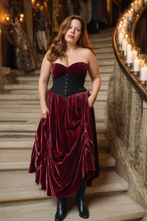A curvy woman over 30 wears a burgundy velvet gown with a sweeping skirt and classic black cowboy boots
