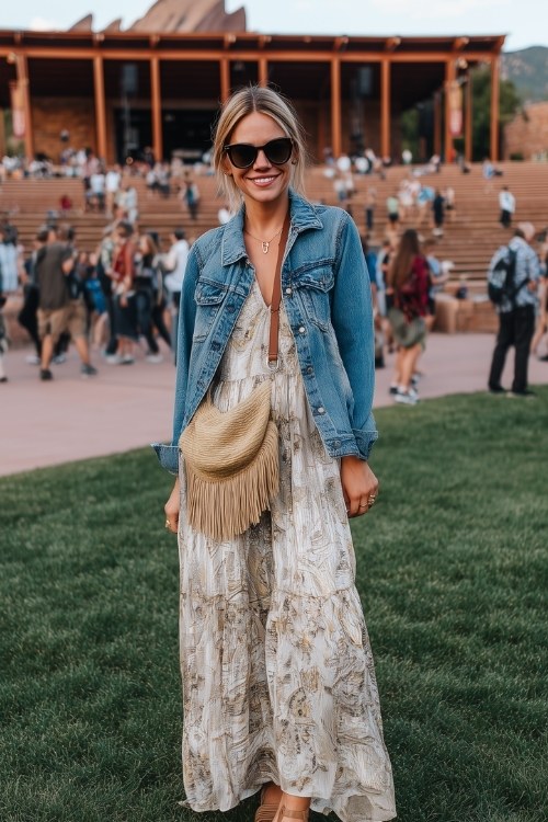A woman over 40 wears a soft printed maxi dress with a denim jacket and espadrille sandals for a relaxed concert night
