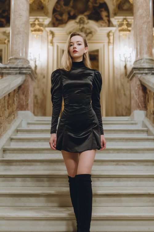 A woman wears a black satin mini dress with a high neckline, long fitted sleeves, and a subtle flared hem