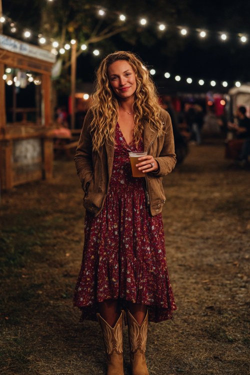 A woman over 30 wears a burgundy floral wrap dress with long sleeves, paired with tan cowboy boots and a suede jacket