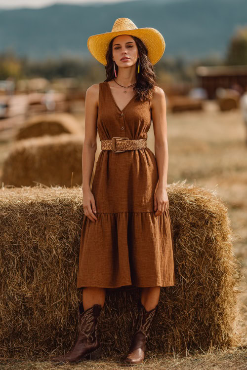 A midsize woman wearing a belted sleeveless midi dress with tiered layers, dark brown cowboy boots, and a straw hat