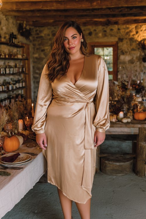 A plus-size woman wears a champagne satin cocktail dress with a wrap waist, bishop sleeves, and a flowy hem