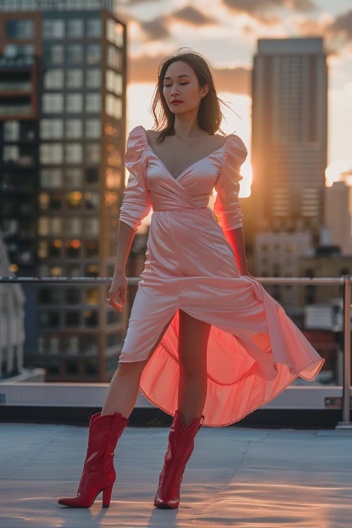 A woman wears red cowboy boots and a pink wrap dress