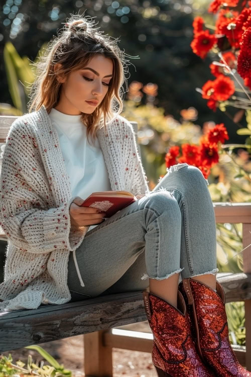 a woman wears sparkly red cowboy boots with a cardigan and jeans (2)