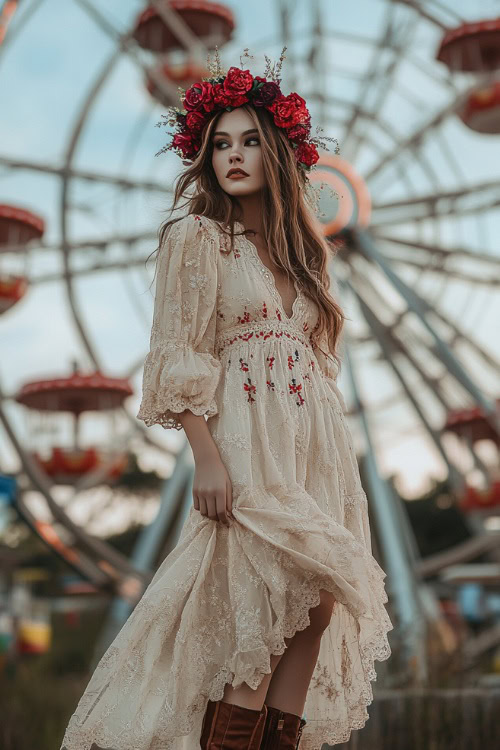 A dreamy woman in a beige embroidered maxi dress with bishop sleeves and a red floral crown, paired with suede boots, standing near a Ferris wheel