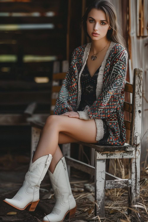 a woman wears a boho cardigan, a lace black dress with white cowboy boots