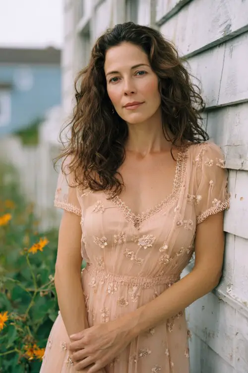 A woman over 50 wears a pastel peach dress with tiny embroidered blooms and short sheer sleeve
