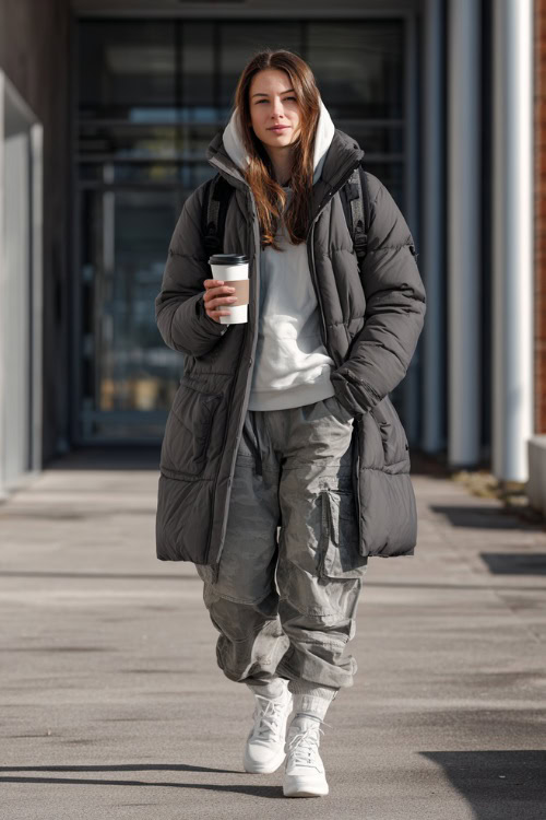 Woman in a long padded coat, cargo pants, and white sneakers, holding a coffee cup and backpack on her shoulder while walking between school buildings