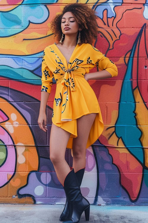 A woman wears black cowboy boots with a short yellow wrap dress (2)