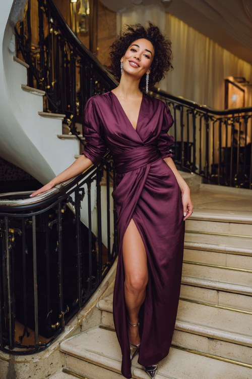 A woman over 40 wears a rich plum wrap-effect gown with an asymmetric neckline and satin texture, paired with chrome heels