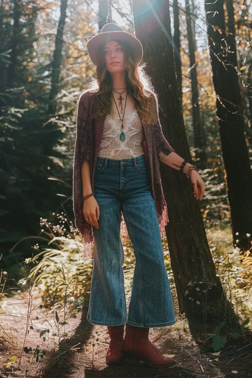 a woman wears cardigan, crop flare jeans and red cowboy boots