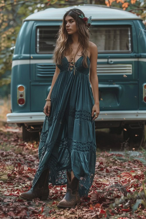 A woman wears cowboy boots with a long deep green dress