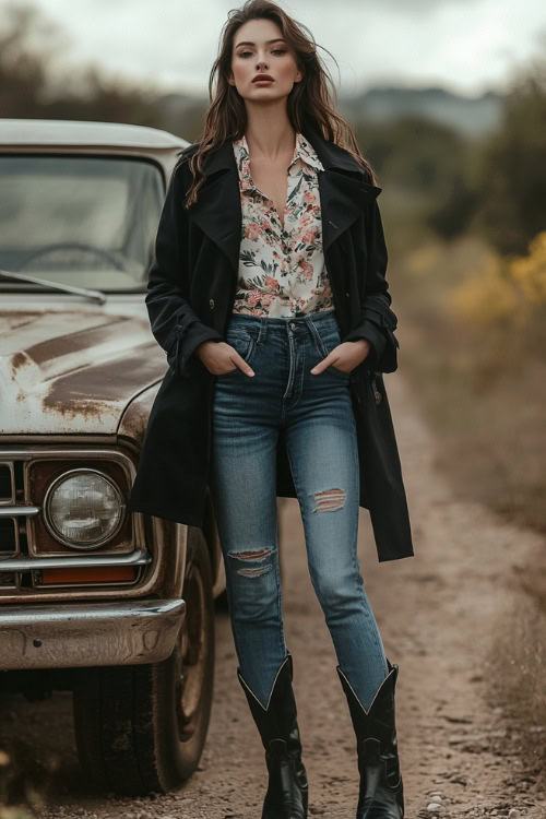 A countryside setting showcasing a woman in a lightweight black trench coat styled over a floral blouse and cuffed jeans