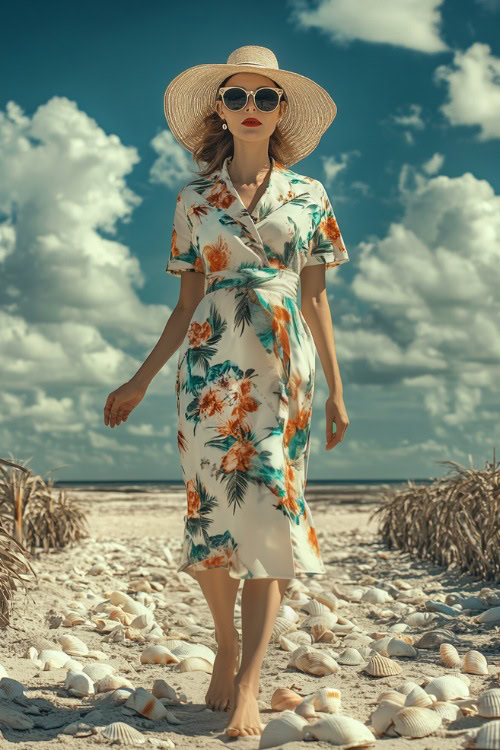 A sophisticated woman over 40 in a tropical floral-print A-line dress with short sleeves and a belted waist, accessorized with a sun hat and stylish sunglasses