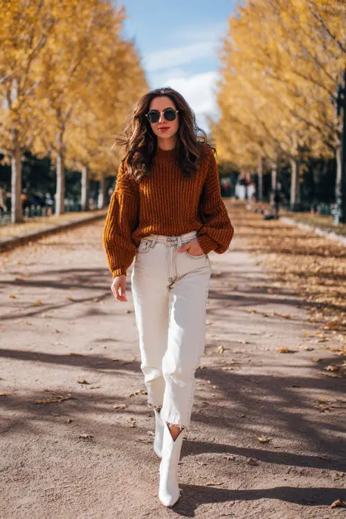 A woman wears high-rise straight-leg jeans, a cinnamon-colored oversized knit sweater, and white pointed-toe cowboy boots