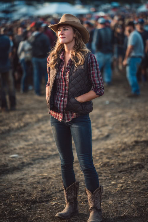 A woman wears a quilted vest over a plaid button-down shirt, skinny jeans, and distressed cowboy boots, styled with a wide-brim hat in a fall country concert crowd