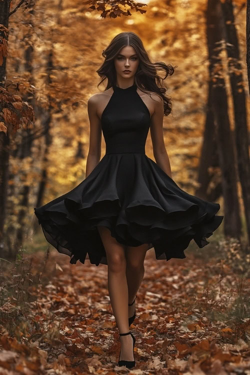 A woman wears a black wedding guest dress with a high neckline, a layered ruffled skirt, and black heels
