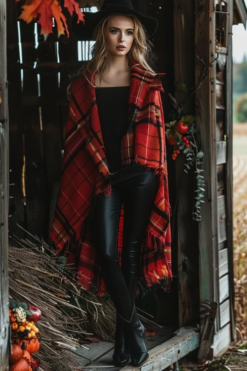 a woman wears black cowboy boots, a black top, black leggings and a plaid scarf