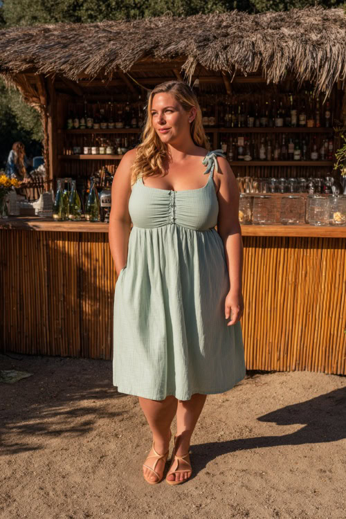 A plus-size woman wearing a mint green smocked sundress with tie straps and woven sandals, walking near a wooden bar setup for an outdoor summer wedding
