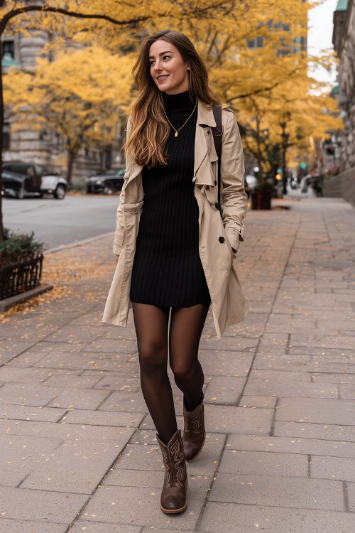 a woman wears a black sweater dress with tights and brown cowboy boots, and complete with a trench coat