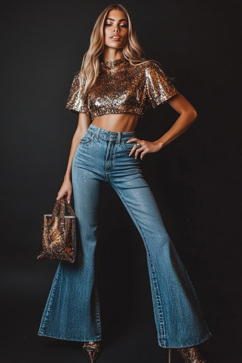 A woman styled in a statement sequin crop top with flared jeans, paired with metallic heels and a small handbag