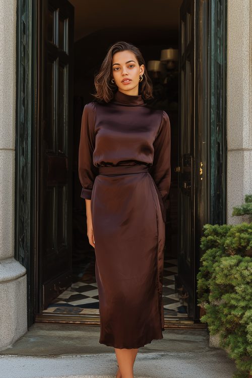 A petite woman wears a chocolate satin midi dress with a mock neck
