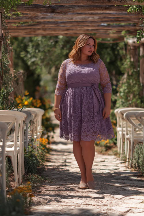 A plus-size woman over 50 in a dusty lavender A-line dress with elbow-length lace sleeves and low heels, walking down a garden aisle lined with white chairs