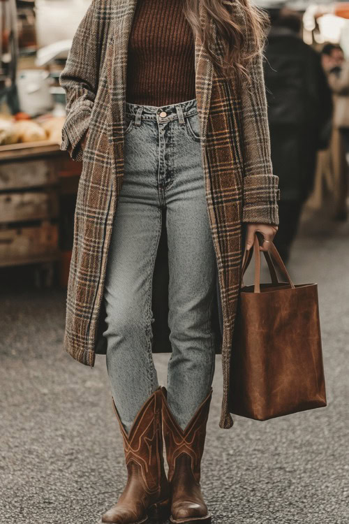 Full-length view of a woman in light-wash flare jeans with distressed brown cowboy boots, wearing a wool turtleneck and a thick plaid coat, holding a leather tote in a winter farmers market