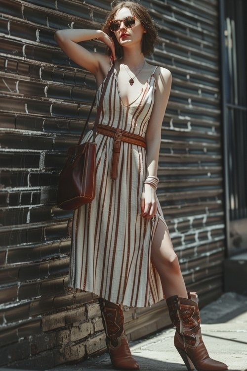 a woman wears sundress with cowboy boots on a street
