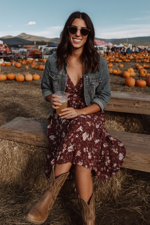 A woman over 30 wears a burgundy floral midi dress with long sleeves, paired with brown cowboy boots and a denim jacket