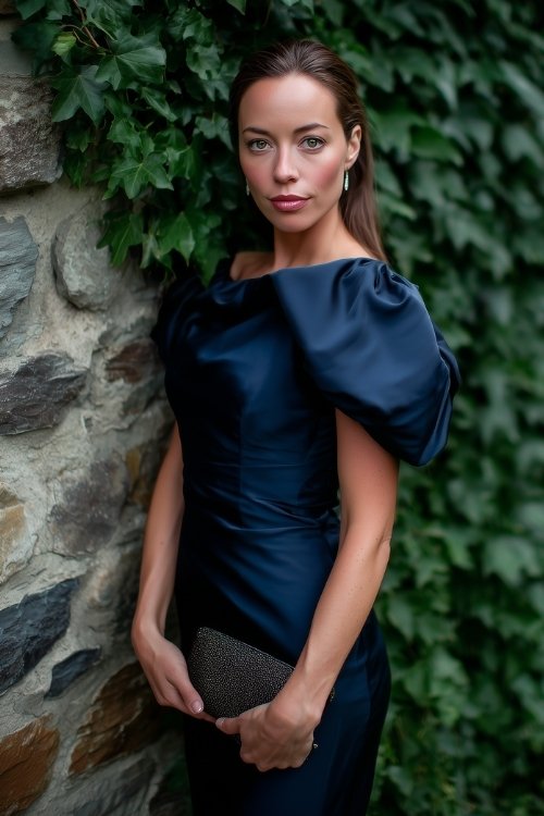 A woman in a midnight blue column dress with structured shoulders and satin finish (2)