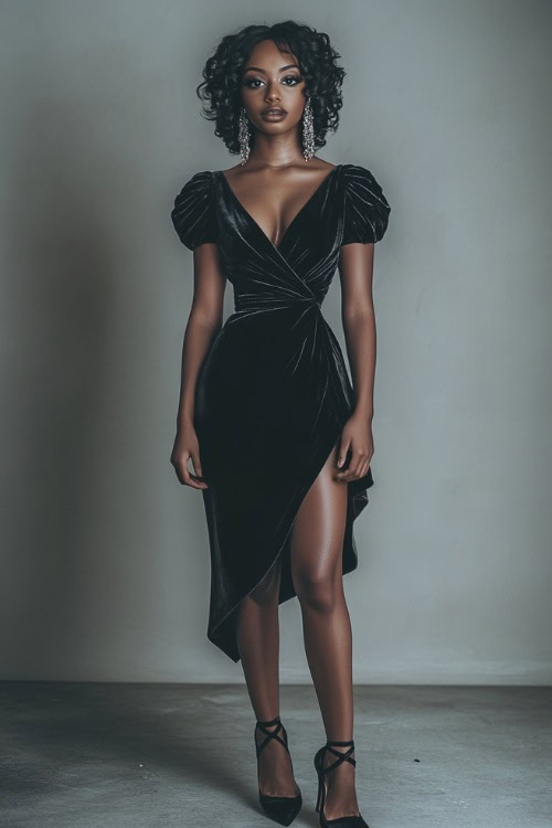 A woman styled in a deep-V velvet wrap dress with ruched detailing, accessorized with statement earrings and lace-up heels