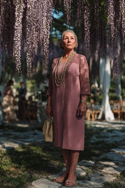 A woman over 60 wearing a dusty rose midi dress with three-quarter lace sleeves and wedge sandals, standing under hanging wisteria in an outdoor wedding venue