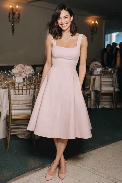 A woman wears a soft pink fit-and-flare dress with a square neckline