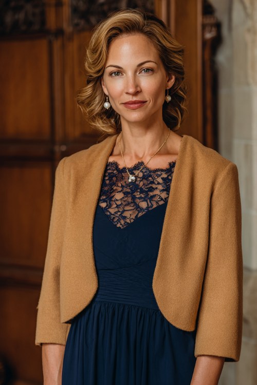A woman over 40 wears a navy chiffon A-line dress with lace sleeves, styled with a camel wool jacket and pearl earrings