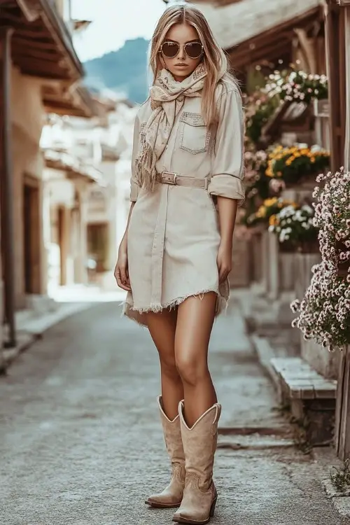 Woman styled in beige cowboy boots, a light wash denim dress with a relaxed fit, accessorized with a scarf tied around her neck and sunglasses (2)