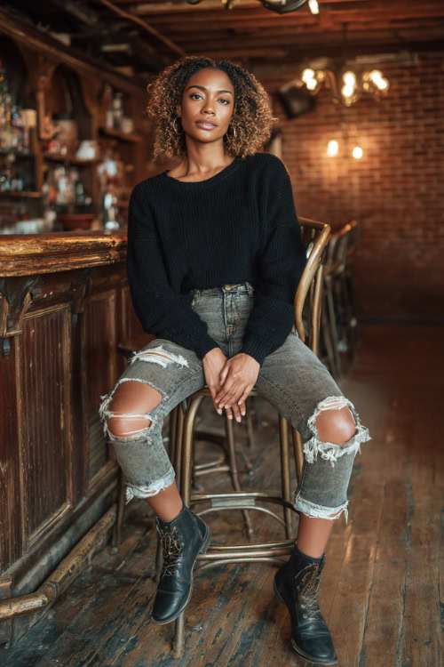 A Black woman wearing distressed jeans, a cropped black sweater, and lace-up ankle boots, sitting casually on a high bar stool inside a rustic fall bar