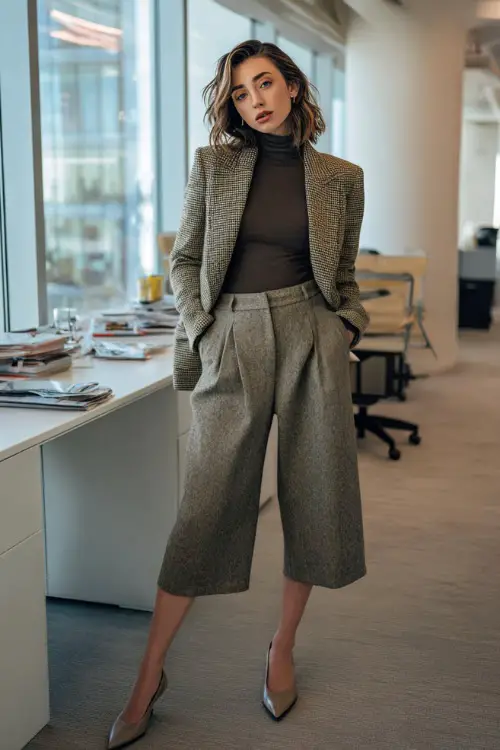 Woman in a fitted blazer, turtleneck top, tailored culottes, and pointed-toe heels, standing inside a modern open-concept workspace