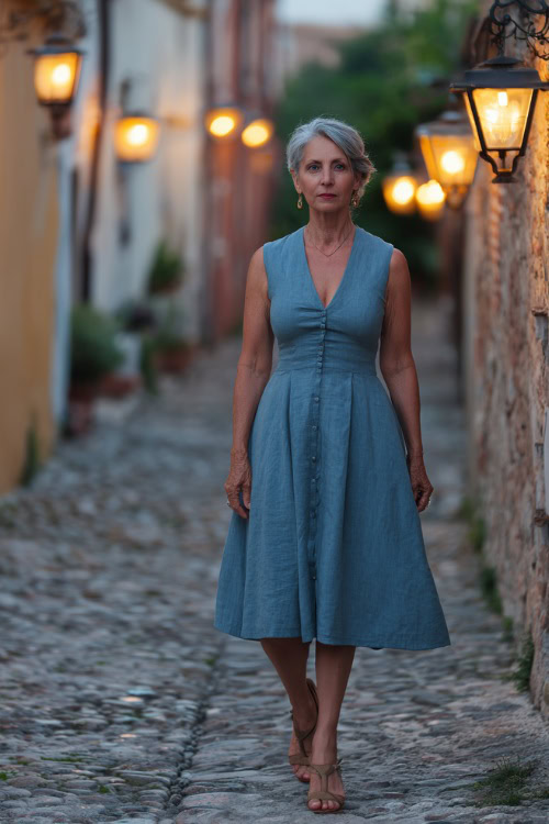 A woman over 60 wearing a sleeveless periwinkle blue dress with a modest neckline and pleated skirt, walking along a cobblestone path lined with lanterns