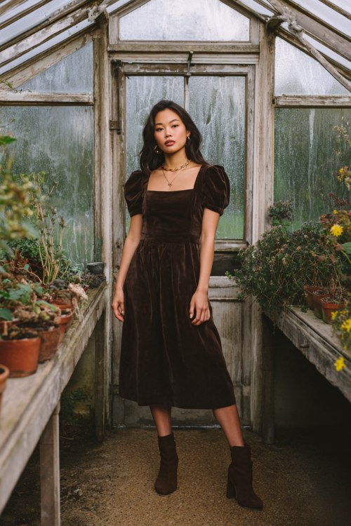 A petite woman wears a chocolate-brown velvet dress with short puff sleeves, a square neckline, and an A-line skirt, styled with ankle boots