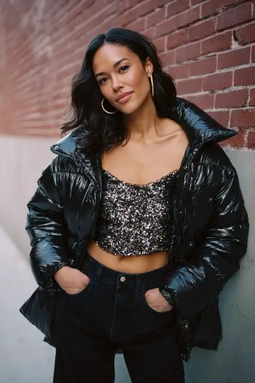 a woman wears an oversized puffer jacket with a sequin crop top, high-waisted skinny jeans