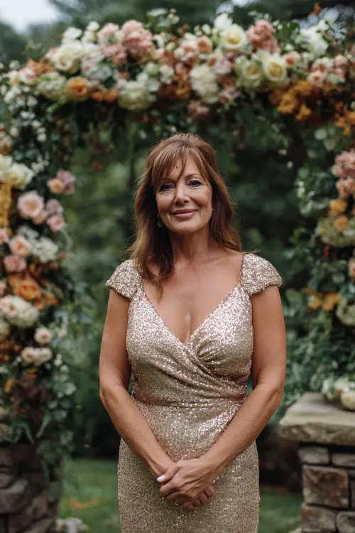 A woman over 50 in a champagne-colored sequin dress with cap sleeves and a V-neckline, standing under a wedding arch covered in summer florals