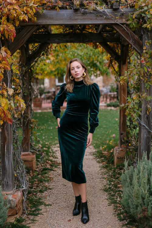 A woman wears a velvet dark emerald midi dress with a high neckline and long sleeves
