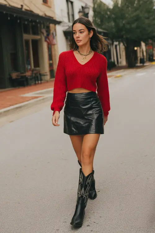 A woman wears black cowboy boots with a cropped red sweater and a high-waisted leather skirt
