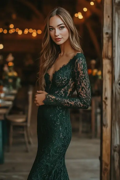 a woman wears a green lace wedding guest dress with long sleeves