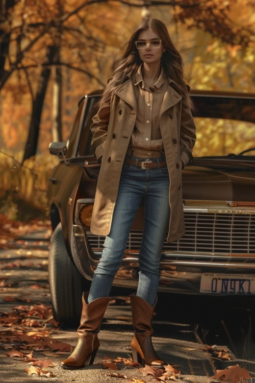 a woman wears a trench coat, a brown shirt, jeans and brown cowboy boots